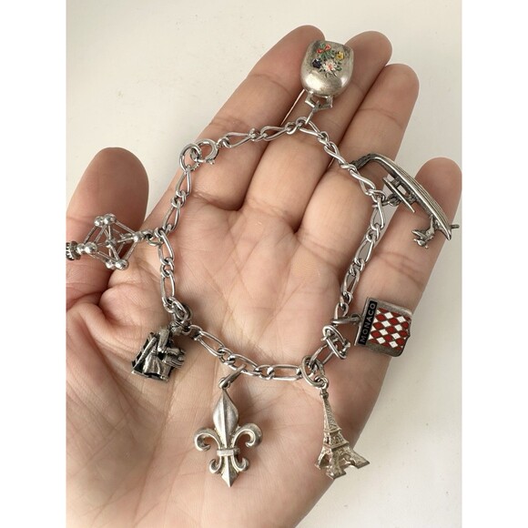 Vintage Sterling Silver Monaco Bell Eiffel Tower Charm Bracelet 7” - Picture 2 of 11